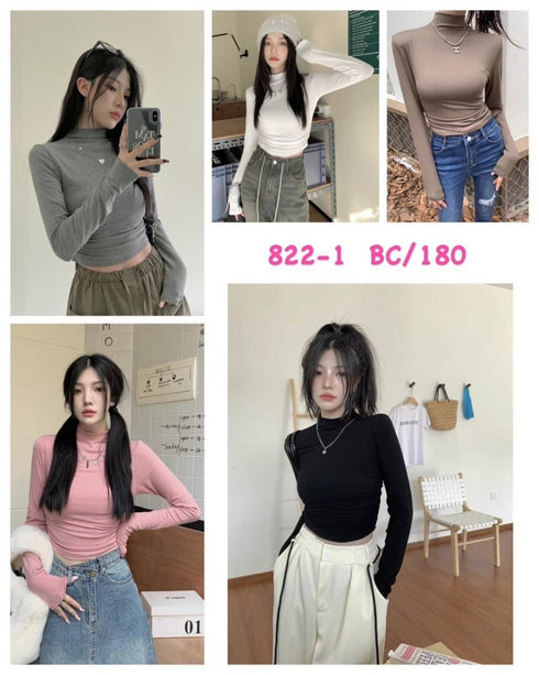 Women Solid Color High Neck Long Sleeves FittedTops